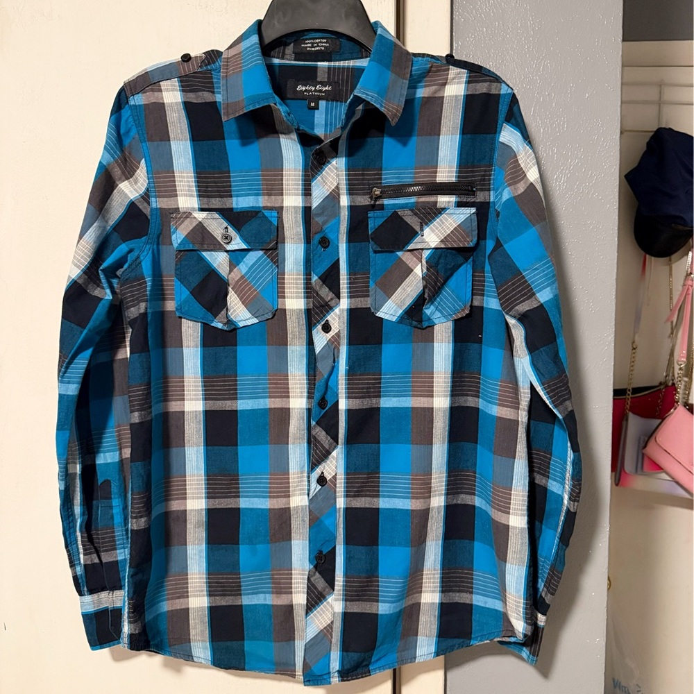 Men’s Blue and Black Checkered Shirt